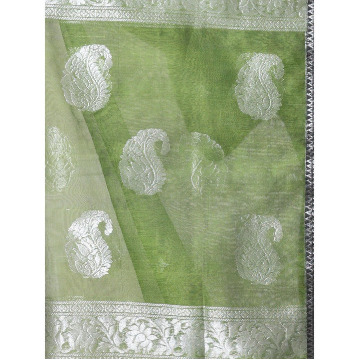 CHARUKRITI Zari Woven Nakshi Borders Green Muslin Saree with Unstitched Blouse