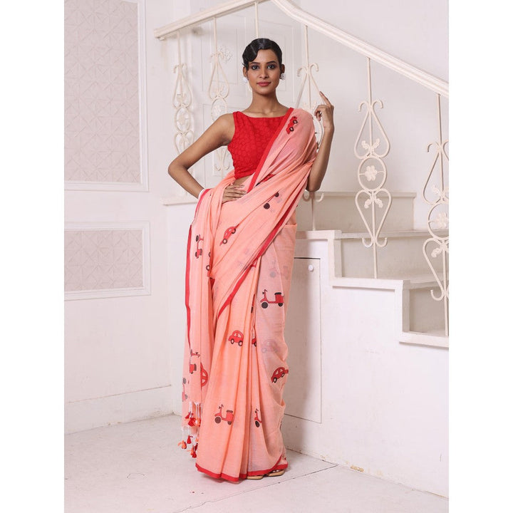 CHARUKRITI Peach Bengali Style Mulmul Cotton Soft Saree Without Blouse