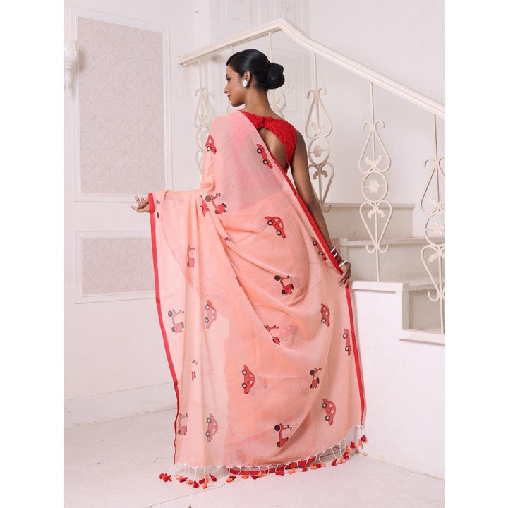 CHARUKRITI Peach Bengali Style Mulmul Cotton Soft Saree Without Blouse