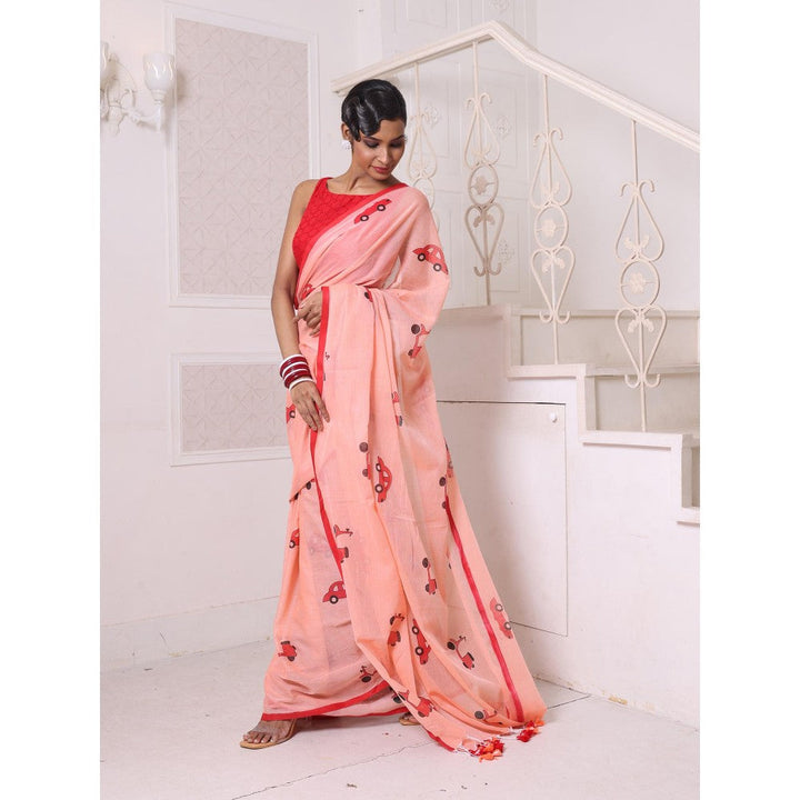 CHARUKRITI Peach Bengali Style Mulmul Cotton Soft Saree Without Blouse