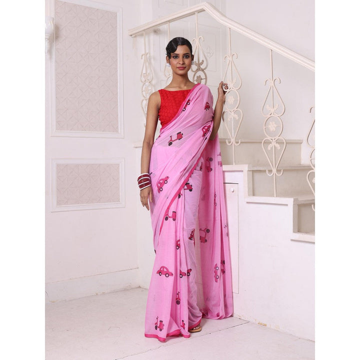 CHARUKRITI Pink Bengali Style Mulmul Cotton Soft Saree Without Blouse