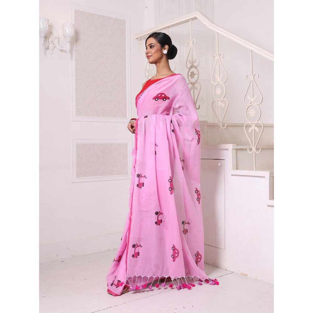 CHARUKRITI Pink Bengali Style Mulmul Cotton Soft Saree Without Blouse