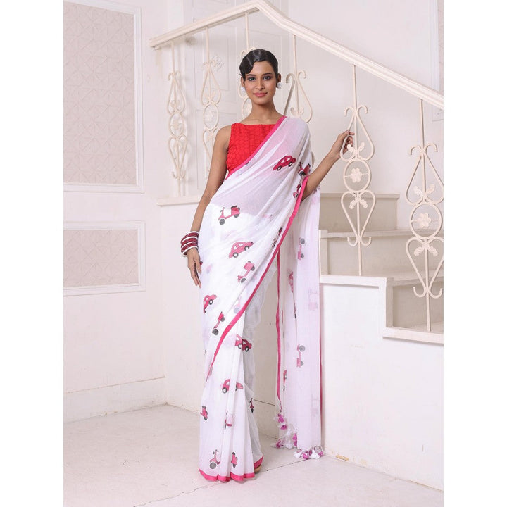 CHARUKRITI White Bengali Style Mulmul Cotton Soft Saree Without Blouse