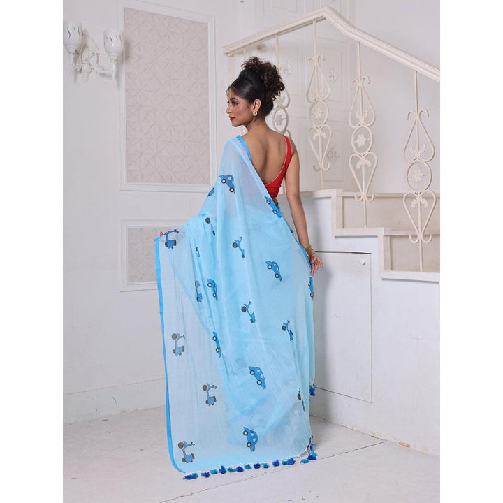 CHARUKRITI Sky Blue Bengali Style Mulmul Cotton Soft Saree Without Blouse