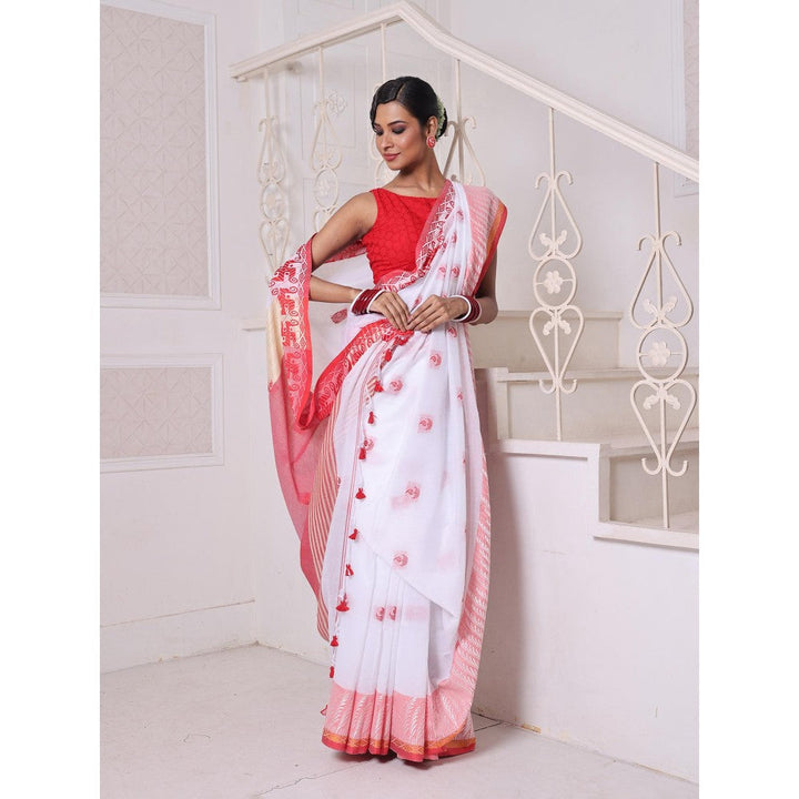 CHARUKRITI Kashful Borders White Bengali Style Cotton Soft Saree Without Blouse