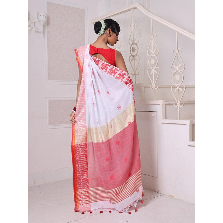 CHARUKRITI Kashful Borders White Bengali Style Cotton Soft Saree Without Blouse