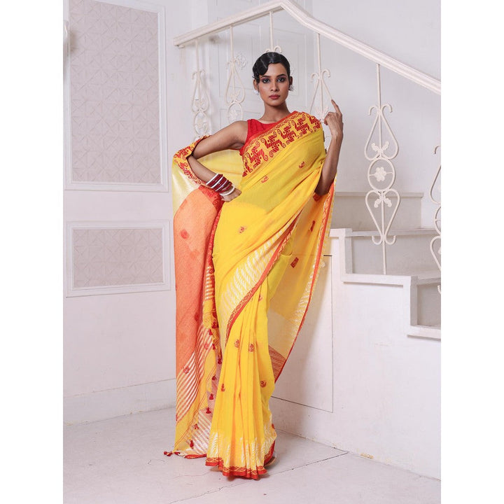 CHARUKRITI Kashful Borders Yellow Bengali Style Cotton Soft Saree Without Blouse