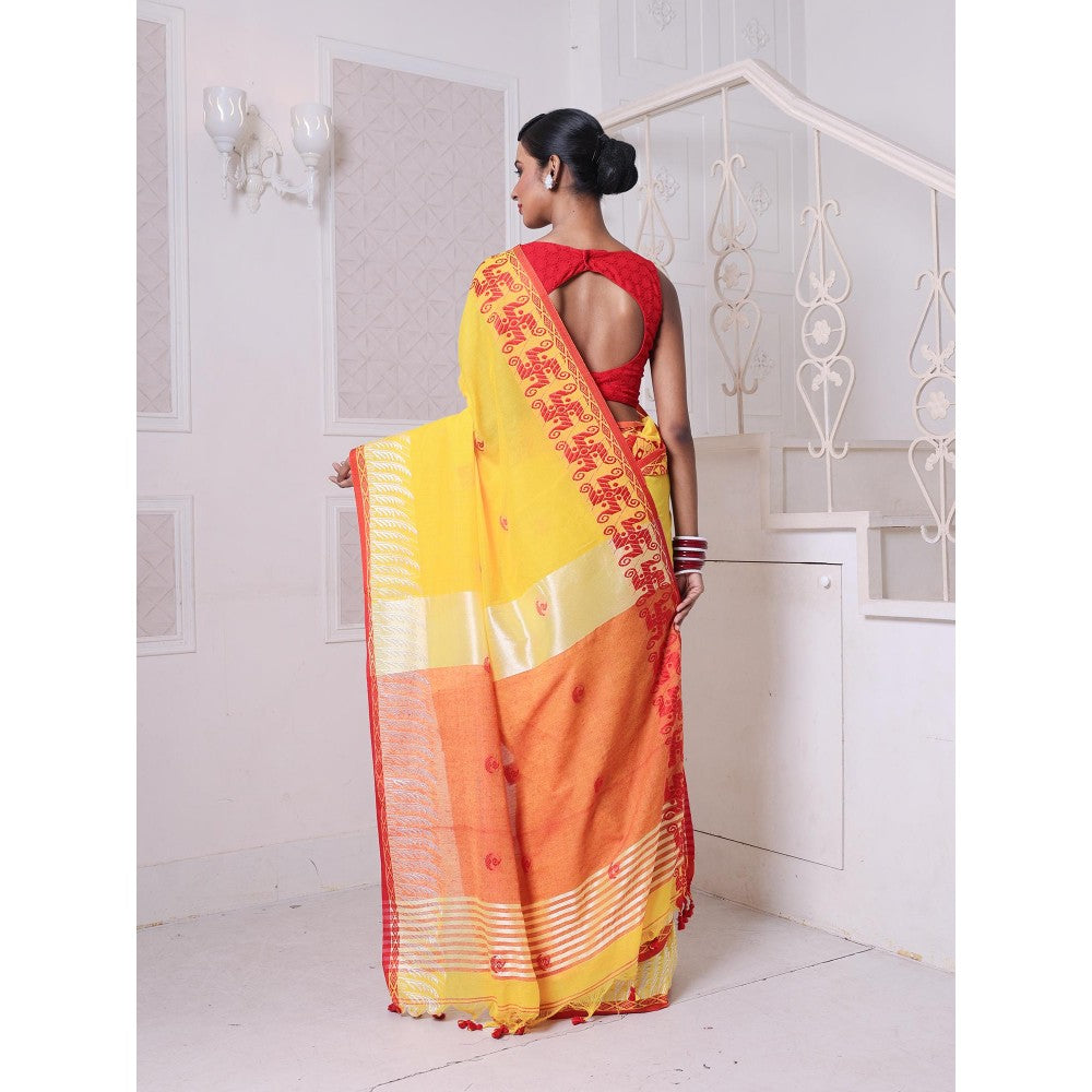 CHARUKRITI Kashful Borders Yellow Bengali Style Cotton Soft Saree Without Blouse