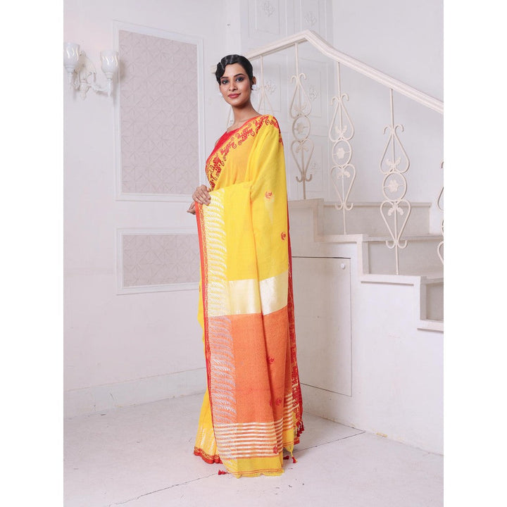 CHARUKRITI Kashful Borders Yellow Bengali Style Cotton Soft Saree Without Blouse