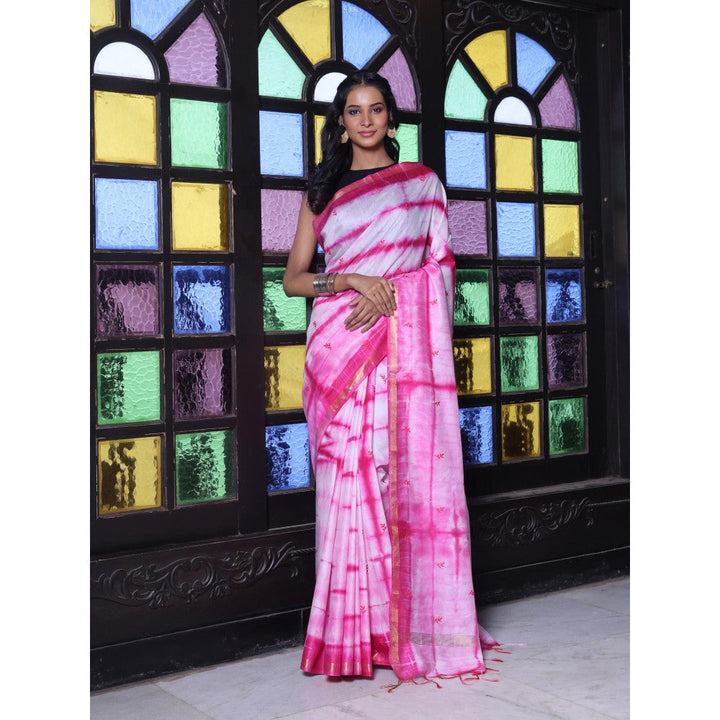 CHARUKRITI Chanderi Borders and All Over Foliage Embroidery Pink Silk Saree with Unstitched Blouse