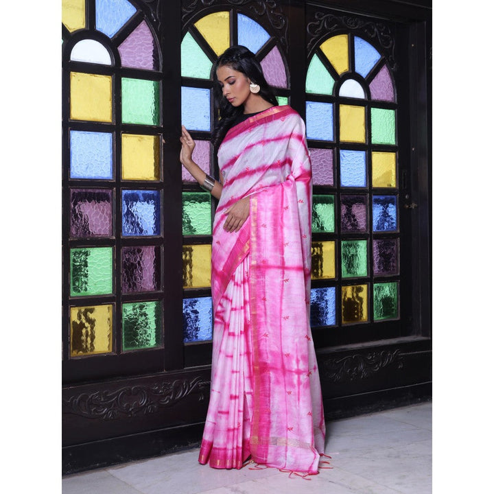 CHARUKRITI Chanderi Borders and All Over Foliage Embroidery Pink Silk Saree with Unstitched Blouse