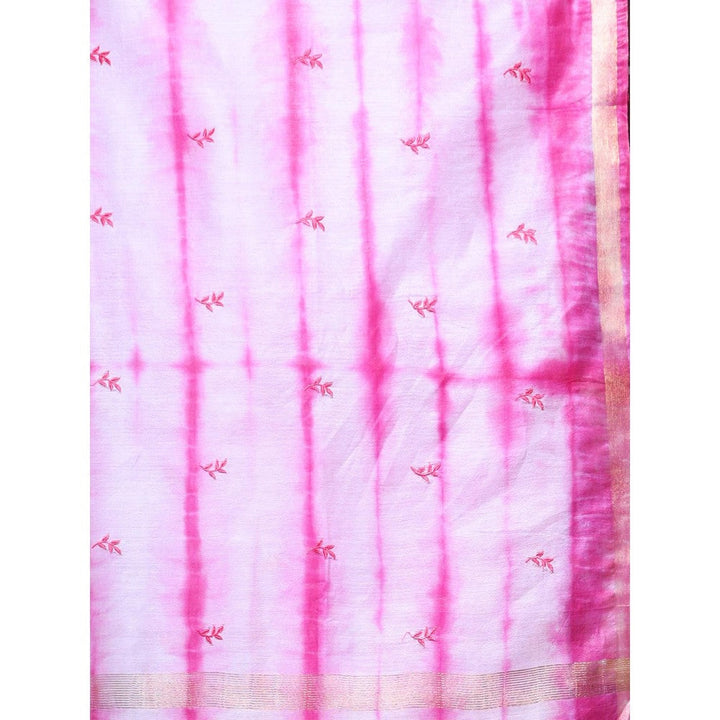 CHARUKRITI Chanderi Borders and All Over Foliage Embroidery Pink Silk Saree with Unstitched Blouse