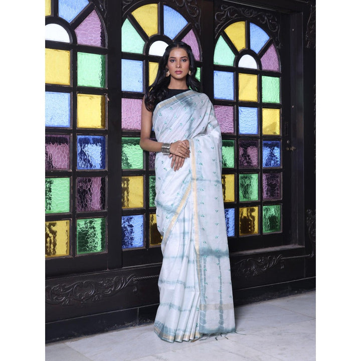 CHARUKRITI Chanderi Borders and All Over Foliage Embroidery Grey Silk Saree with Unstitched Blouse