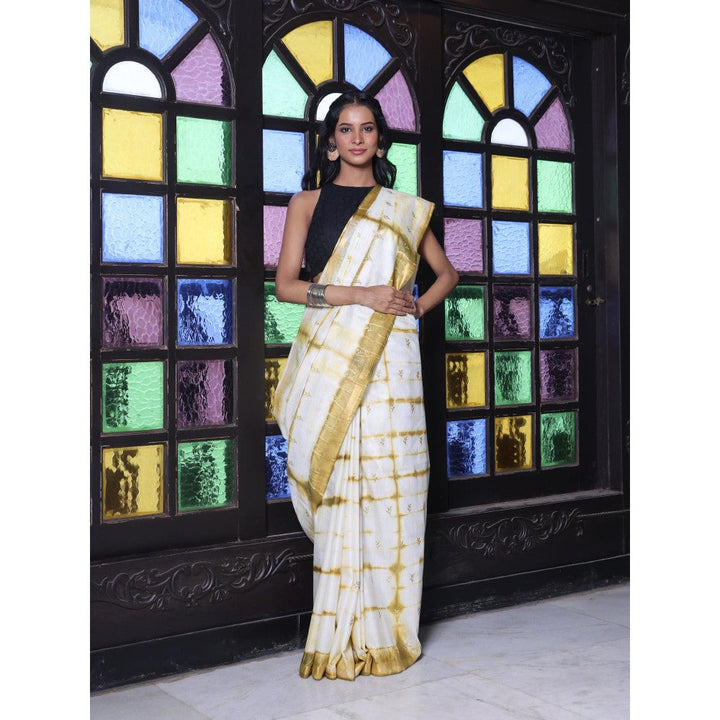 CHARUKRITI Borders and All Over Foliage Embroidery Mustard Silk Saree with Unstitched Blouse