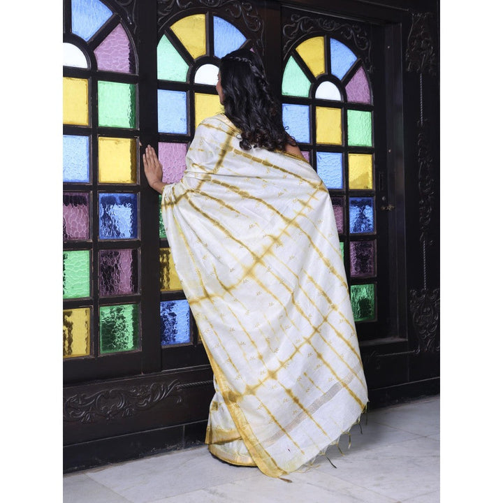 CHARUKRITI Borders and All Over Foliage Embroidery Mustard Silk Saree with Unstitched Blouse