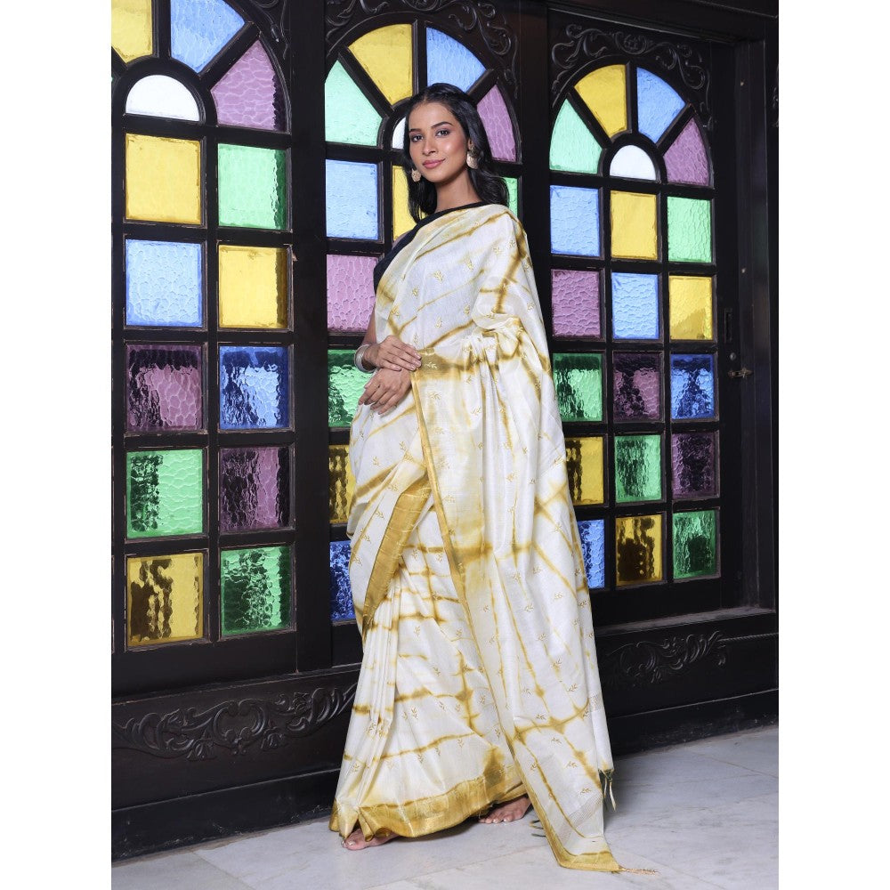 CHARUKRITI Borders and All Over Foliage Embroidery Mustard Silk Saree with Unstitched Blouse