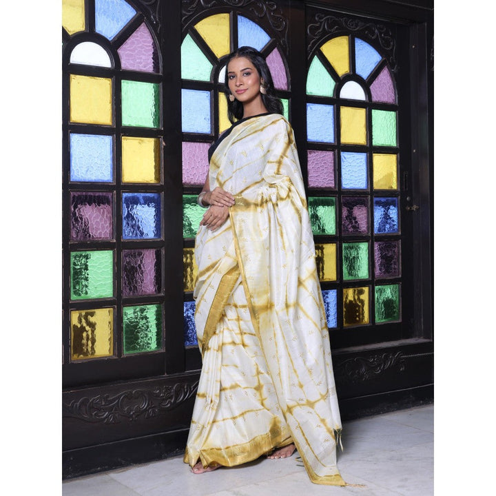 CHARUKRITI Borders and All Over Foliage Embroidery Mustard Silk Saree with Unstitched Blouse