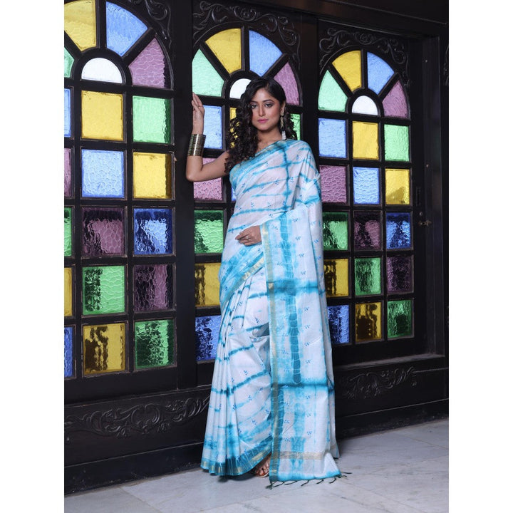 CHARUKRITI Borders and All Over Foliage Embroidery Sky Blue Silk Saree with Unstitched Blouse