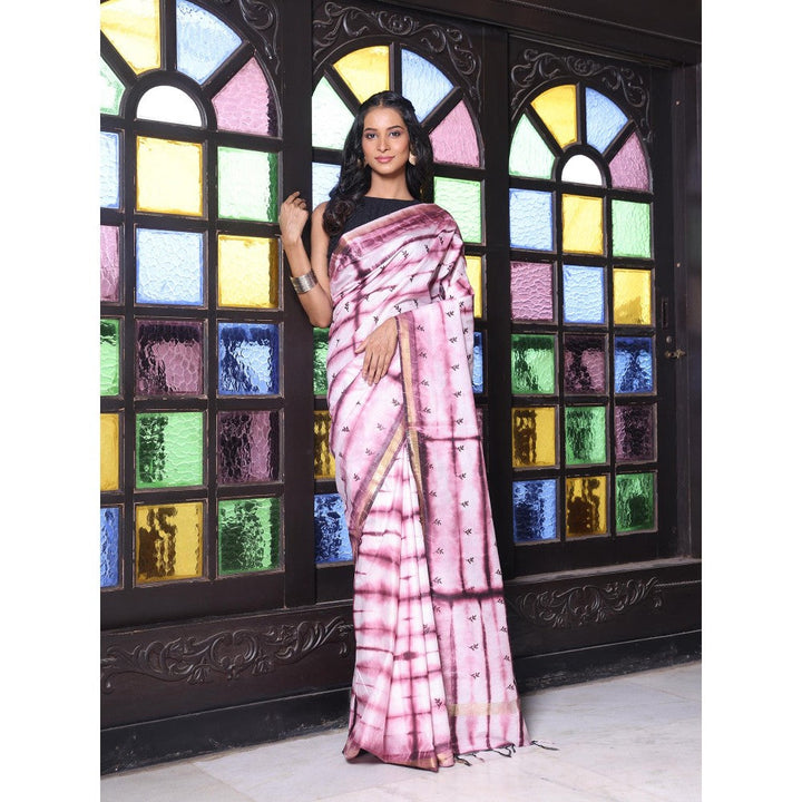 CHARUKRITI Chanderi Borders and All Over Foliage Embroidery Wine Silk Saree with Unstitched Blouse