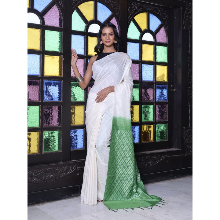 CHARUKRITI Stripes Pattern Off White and Green Silk Soft Saree with Unstitched Blouse