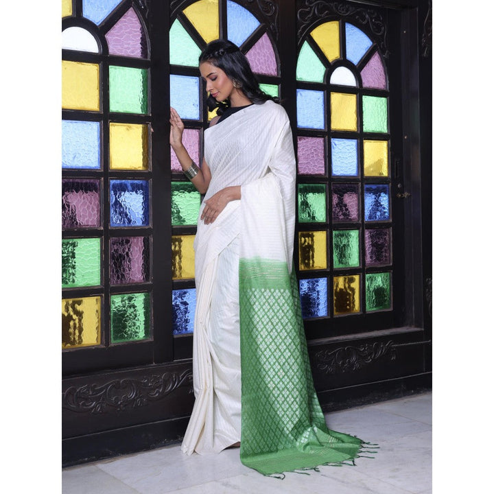 CHARUKRITI Stripes Pattern Off White and Green Silk Soft Saree with Unstitched Blouse