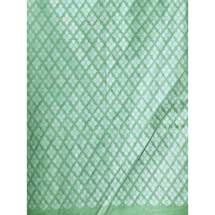 CHARUKRITI Stripes Pattern Off White and Green Silk Soft Saree with Unstitched Blouse