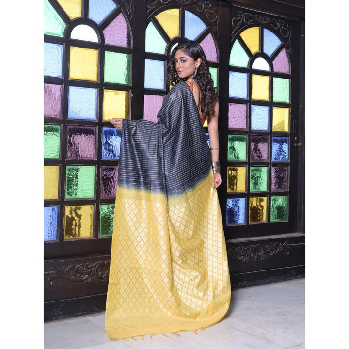 CHARUKRITI Stripes Pattern Black and Yellow Silk Soft Saree with Unstitched Blouse