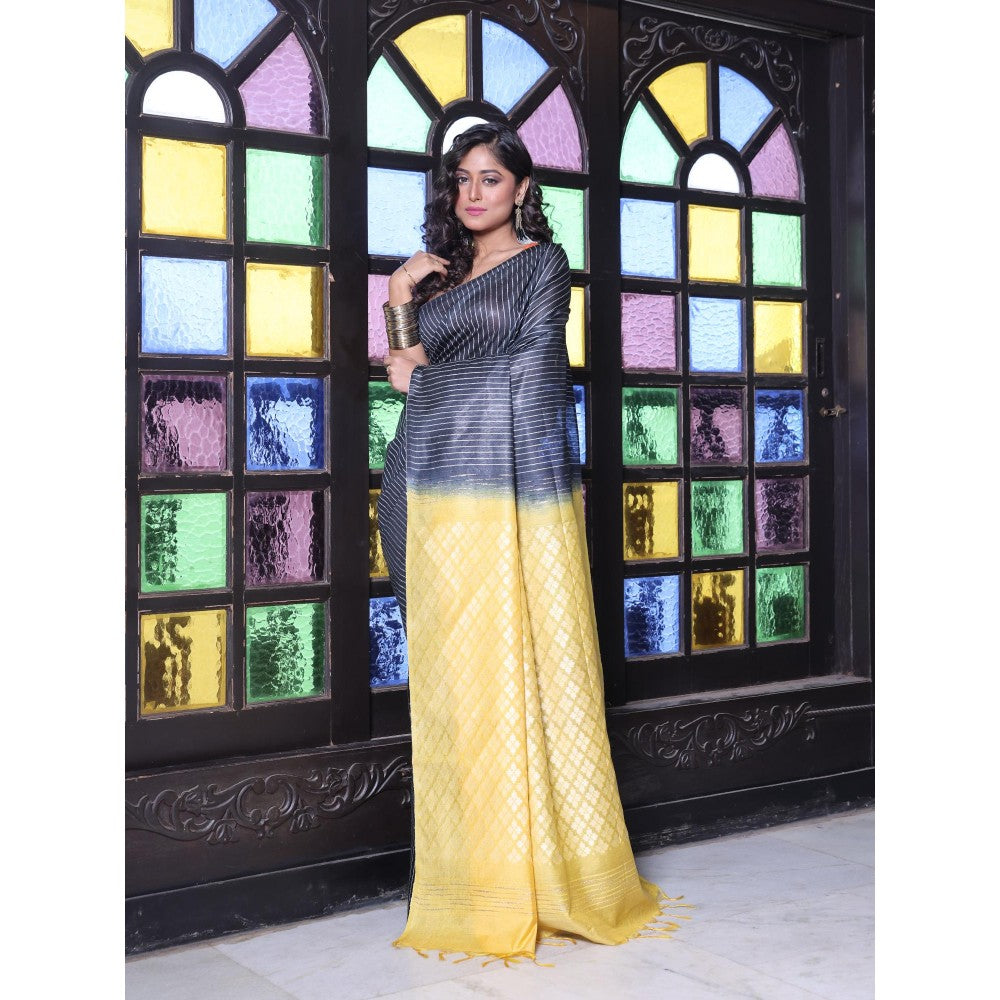 CHARUKRITI Stripes Pattern Black and Yellow Silk Soft Saree with Unstitched Blouse