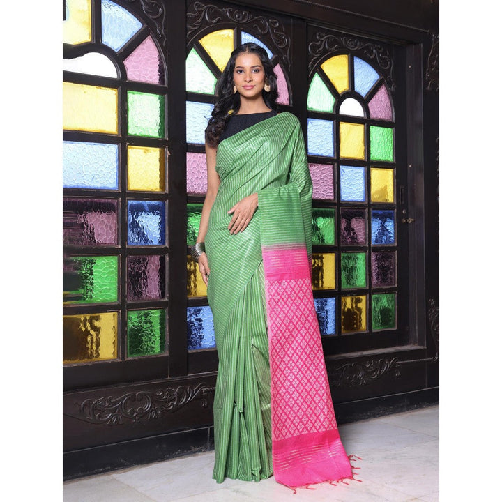 CHARUKRITI Stripes Pattern Green and Pink Silk Soft Saree with Unstitched Blouse