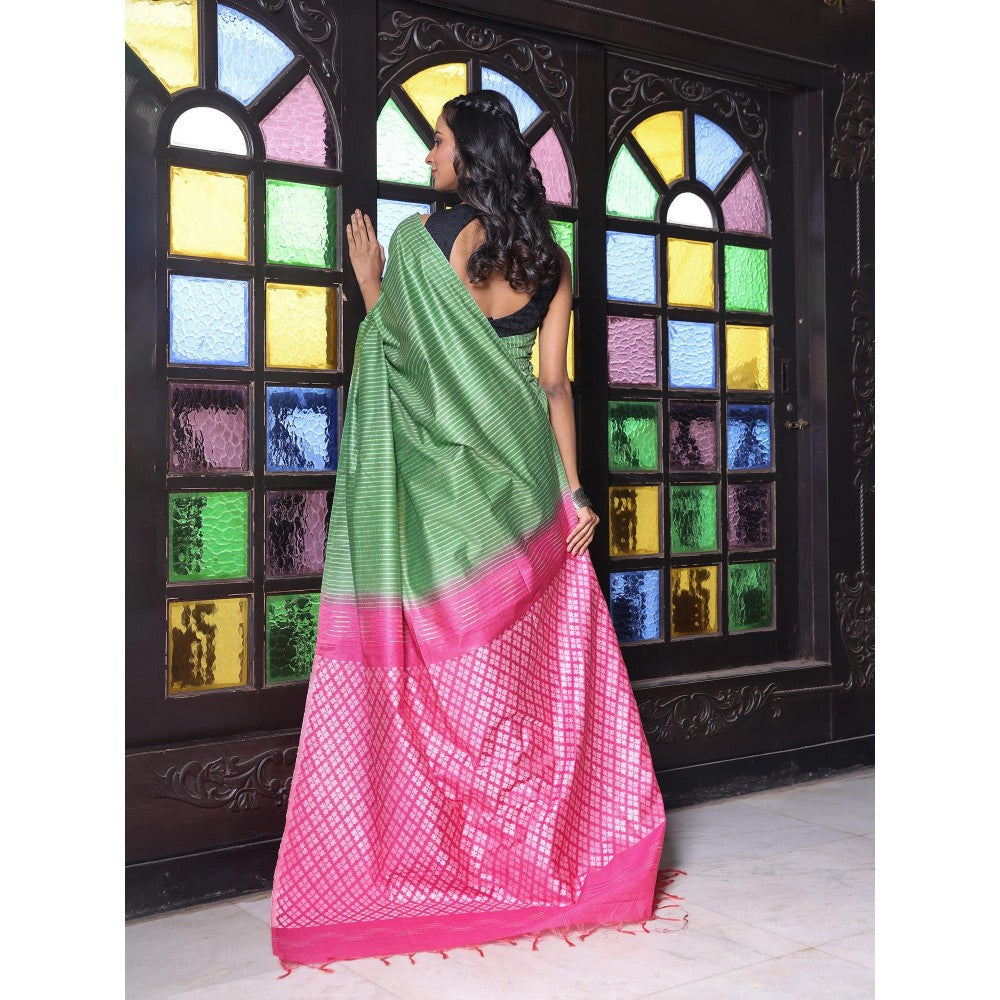 CHARUKRITI Stripes Pattern Green and Pink Silk Soft Saree with Unstitched Blouse