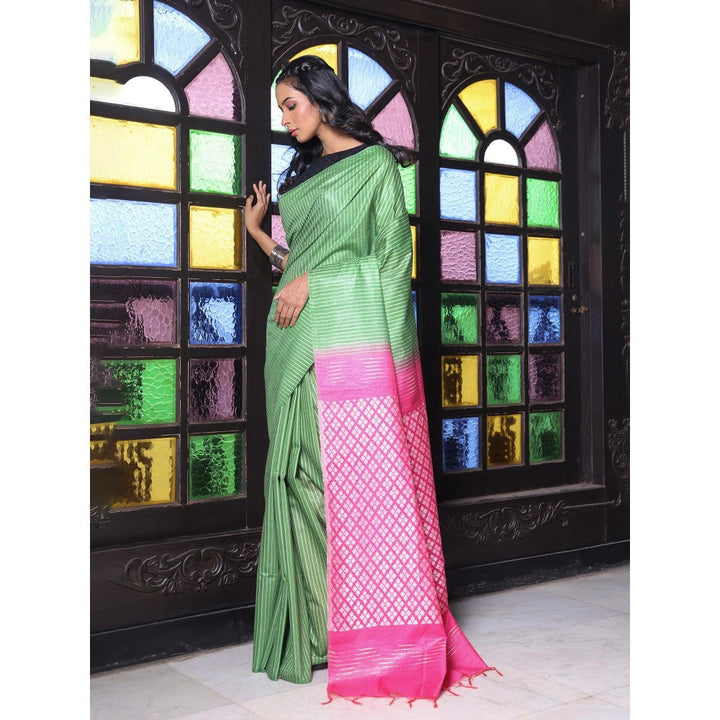 CHARUKRITI Stripes Pattern Green and Pink Silk Soft Saree with Unstitched Blouse