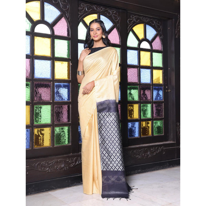 CHARUKRITI Stripes Pattern Beige and Black Silk Soft Saree with Unstitched Blouse