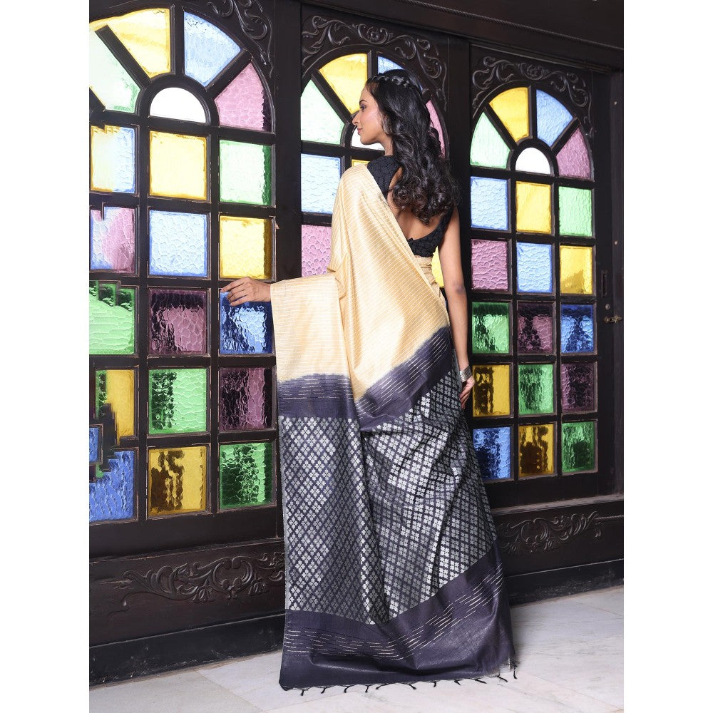 CHARUKRITI Stripes Pattern Beige and Black Silk Soft Saree with Unstitched Blouse