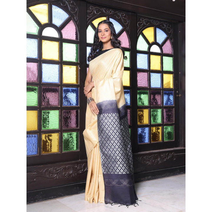 CHARUKRITI Stripes Pattern Beige and Black Silk Soft Saree with Unstitched Blouse