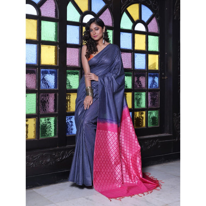 CHARUKRITI Stripes Pattern Navy Blue and Pink Silk Soft Saree with Unstitched Blouse