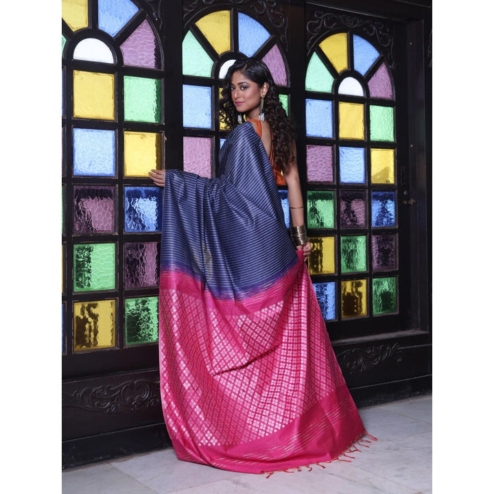 CHARUKRITI Stripes Pattern Navy Blue and Pink Silk Soft Saree with Unstitched Blouse