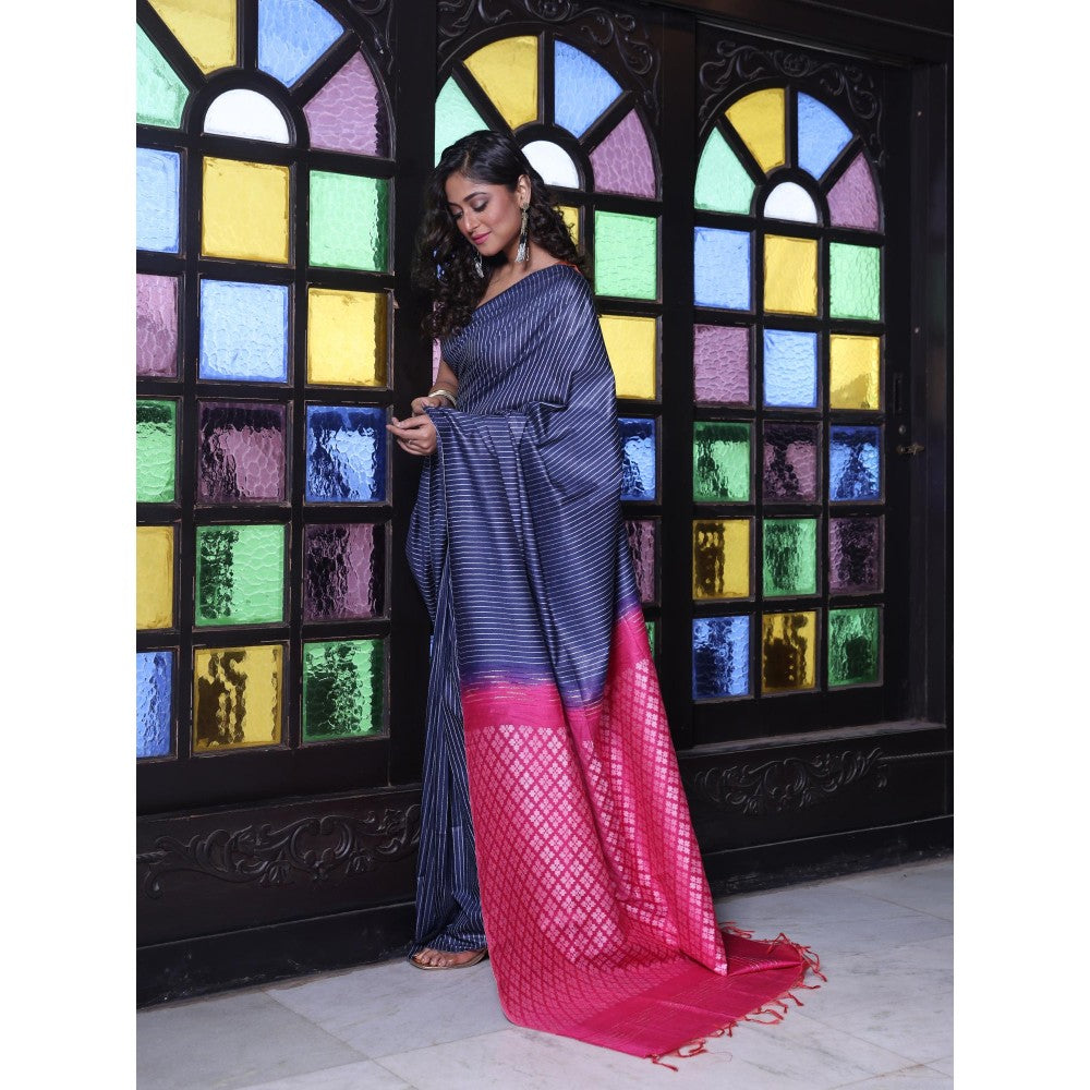 CHARUKRITI Stripes Pattern Navy Blue and Pink Silk Soft Saree with Unstitched Blouse