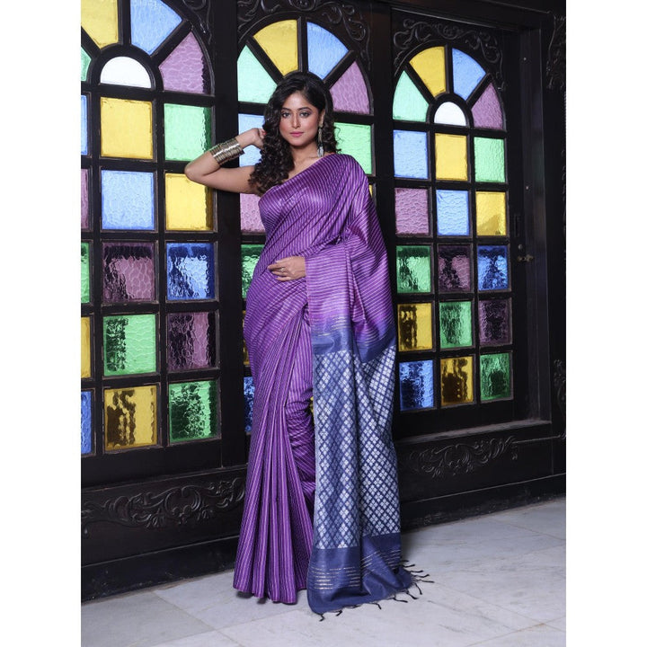 CHARUKRITI Stripes Pattern Violet Silk Soft Saree with Unstitched Blouse