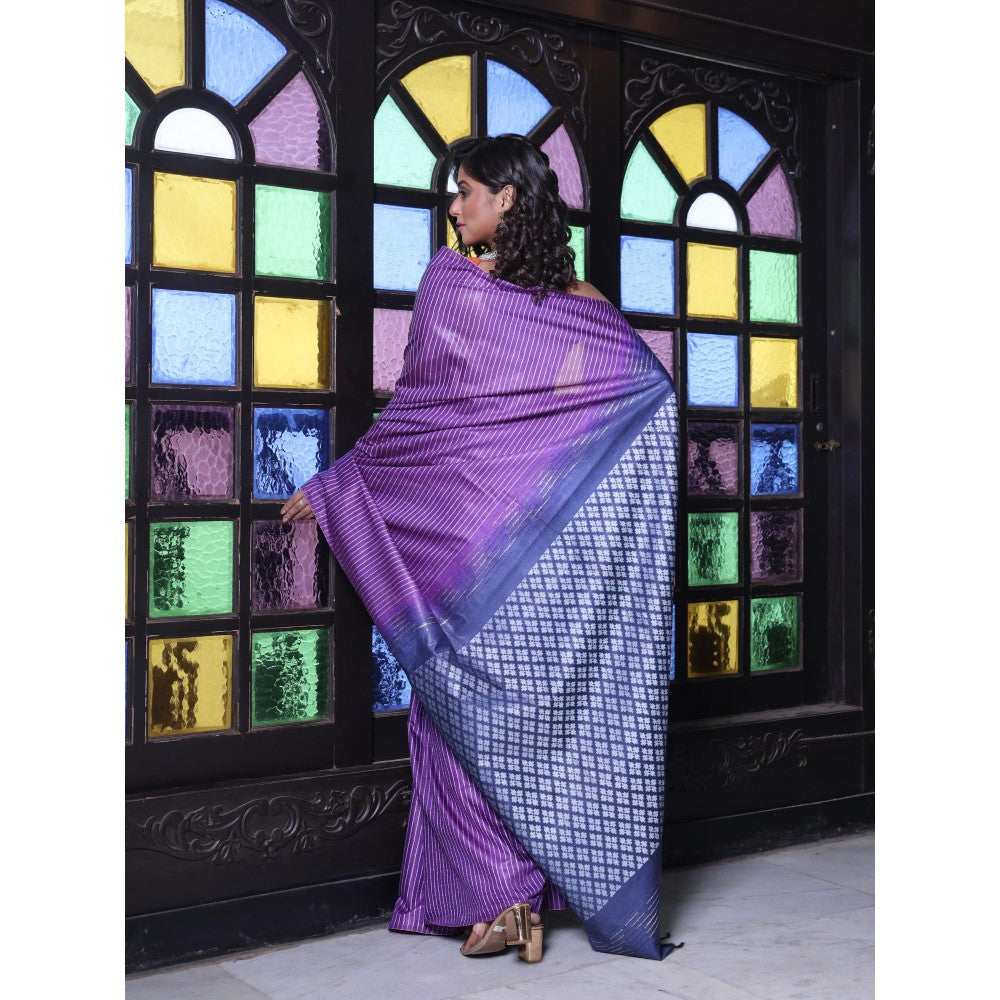 CHARUKRITI Stripes Pattern Violet Silk Soft Saree with Unstitched Blouse