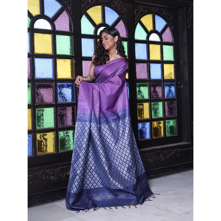 CHARUKRITI Stripes Pattern Violet Silk Soft Saree with Unstitched Blouse