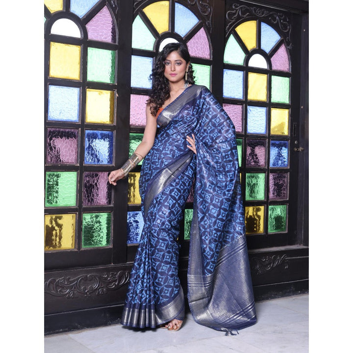 CHARUKRITI Zari Border Navy Blue Silk Soft Saree with Unstitched Blouse