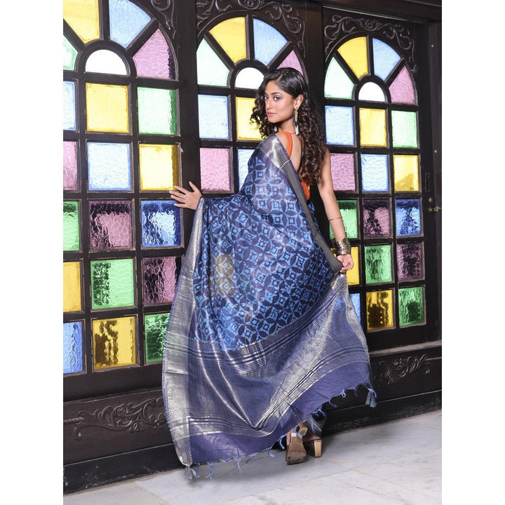 CHARUKRITI Zari Border Navy Blue Silk Soft Saree with Unstitched Blouse