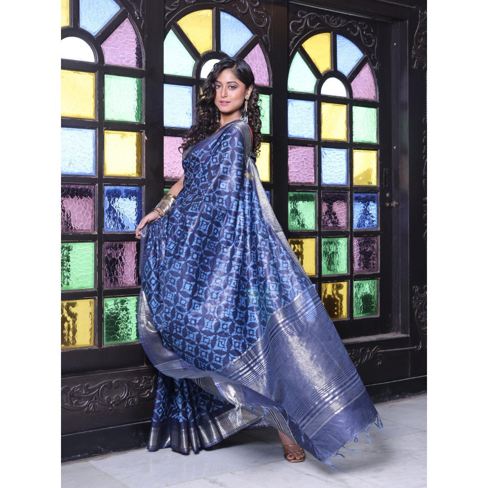 CHARUKRITI Zari Border Navy Blue Silk Soft Saree with Unstitched Blouse