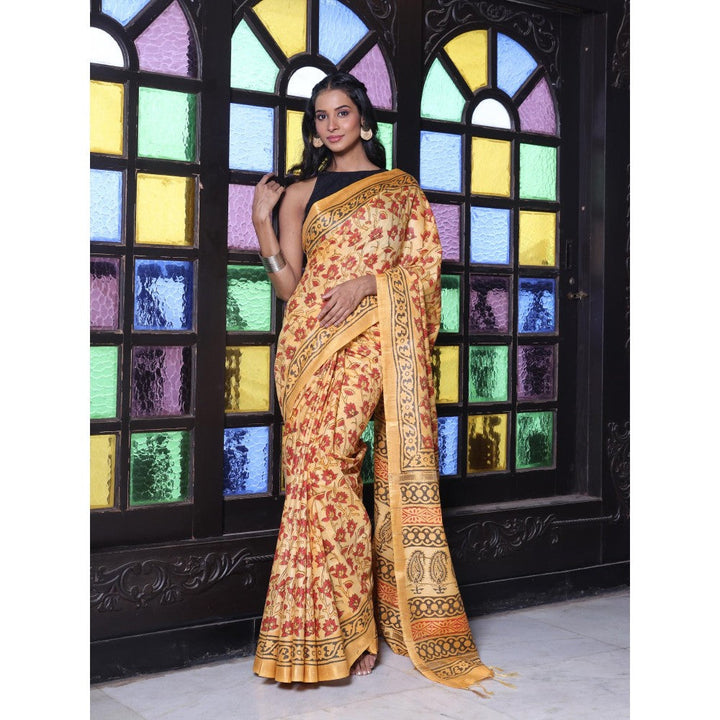 CHARUKRITI Printed Borders Yellow Silk Soft Saree with Unstitched Blouse