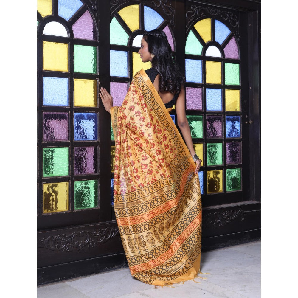 CHARUKRITI Printed Borders Yellow Silk Soft Saree with Unstitched Blouse