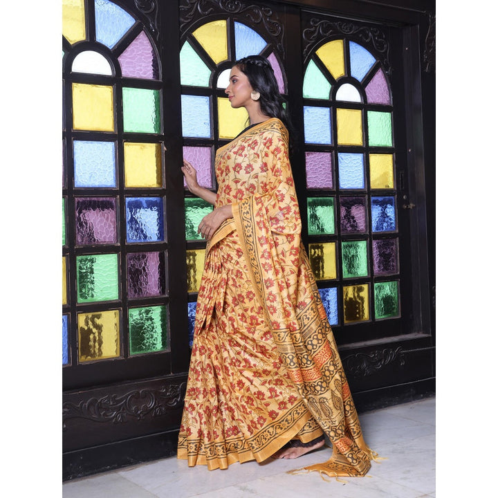 CHARUKRITI Printed Borders Yellow Silk Soft Saree with Unstitched Blouse