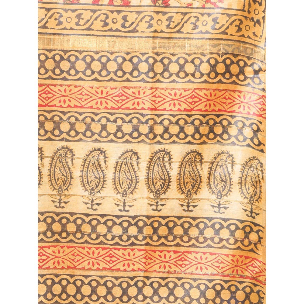 CHARUKRITI Printed Borders Yellow Silk Soft Saree with Unstitched Blouse