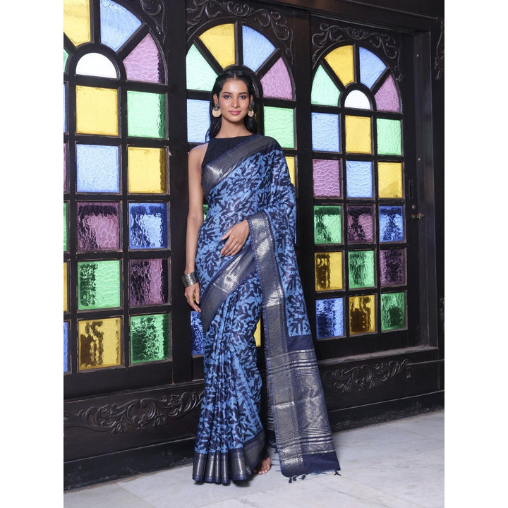 CHARUKRITI Printed Borders Navy Blue Silk Soft Saree with Unstitched Blouse