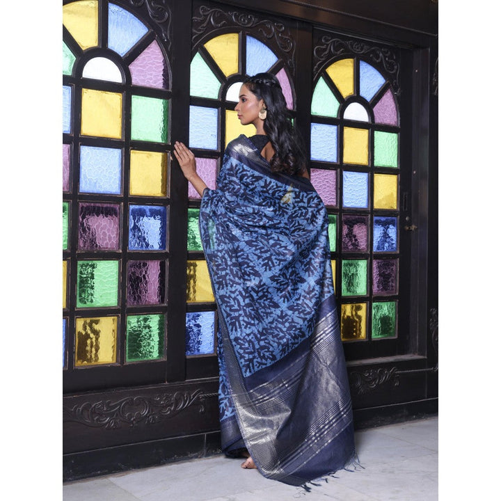 CHARUKRITI Printed Borders Navy Blue Silk Soft Saree with Unstitched Blouse