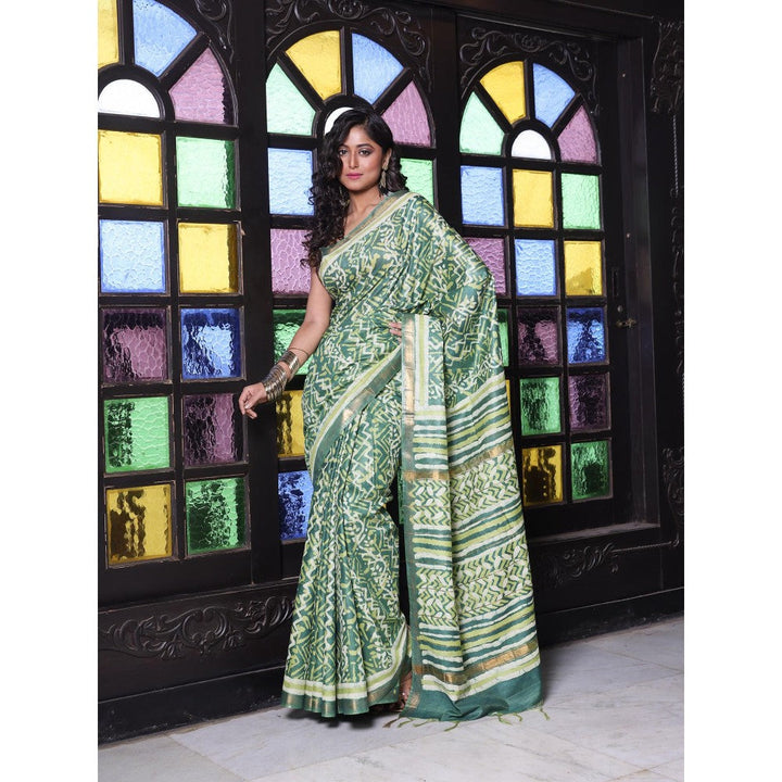 CHARUKRITI Printed Borders Green Silk Soft Saree with Unstitched Blouse